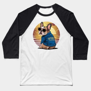 A vibrant vector illustration of a French Bulldog wearing sunglasses and a blue jean jacket, embodying a carefree(3) Baseball T-Shirt